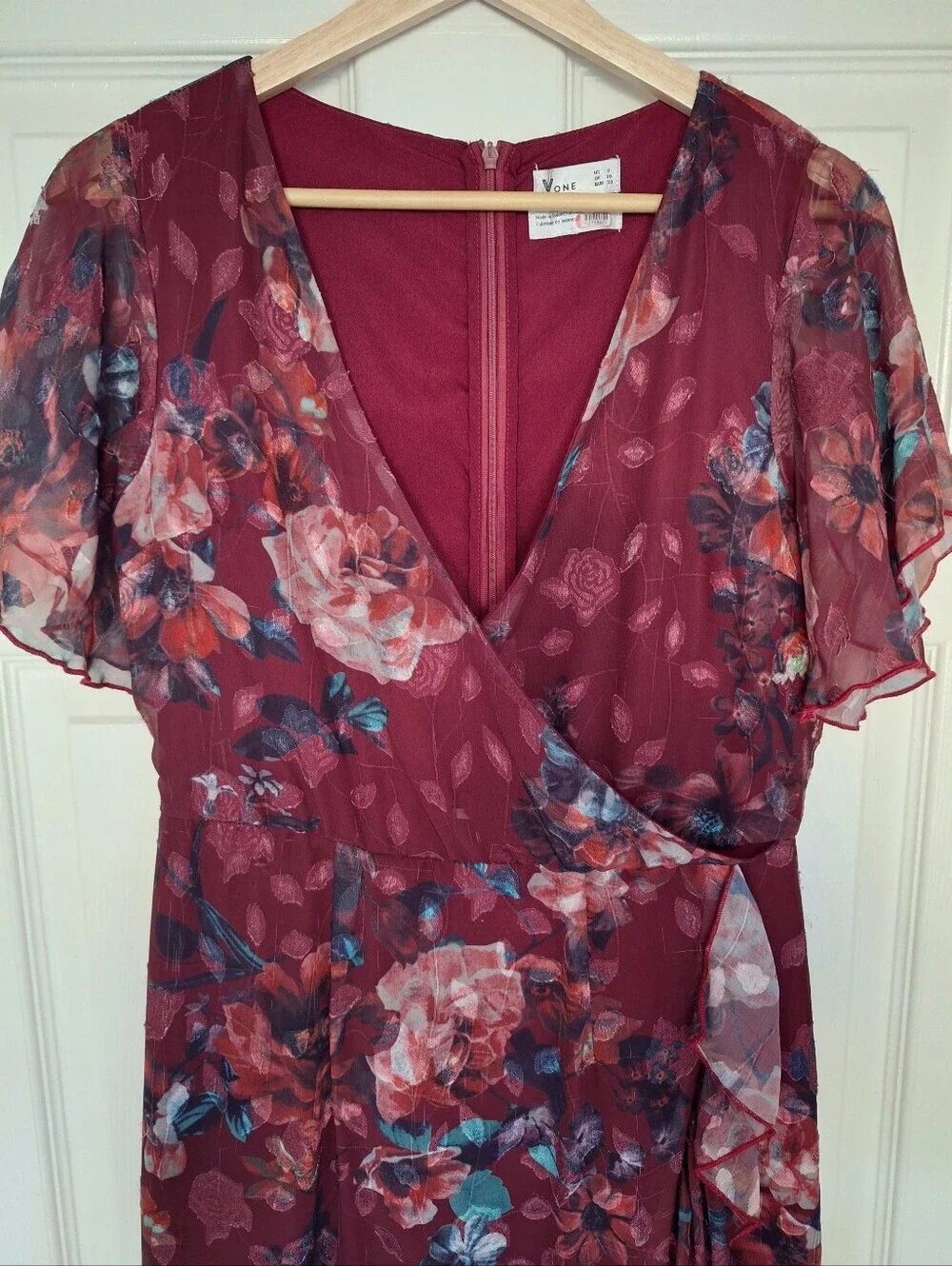 Vone Mireya Floral Ruffle Faux Wrap Midi Dress Burgundy Gold Shimmer US 8